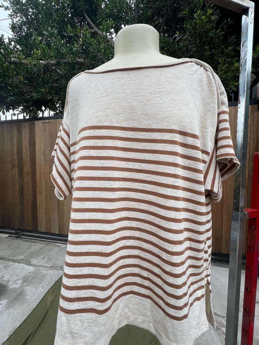 Max Studio Cream and Brown Striped Short-Sleeve Top